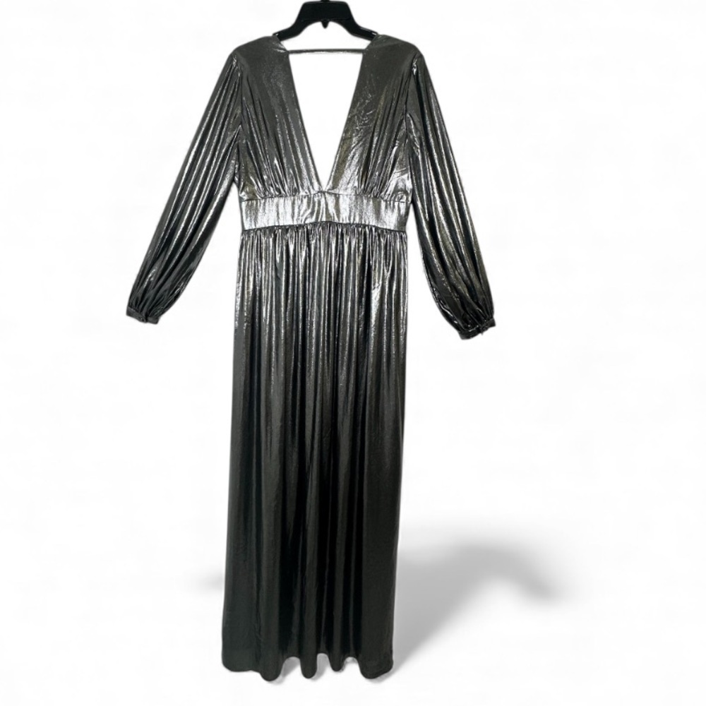 NEW Gianni Bini Zella Metallic Lame Plunging V-Back Front Slit Gown Maxi Dress - Picture 4 of 16